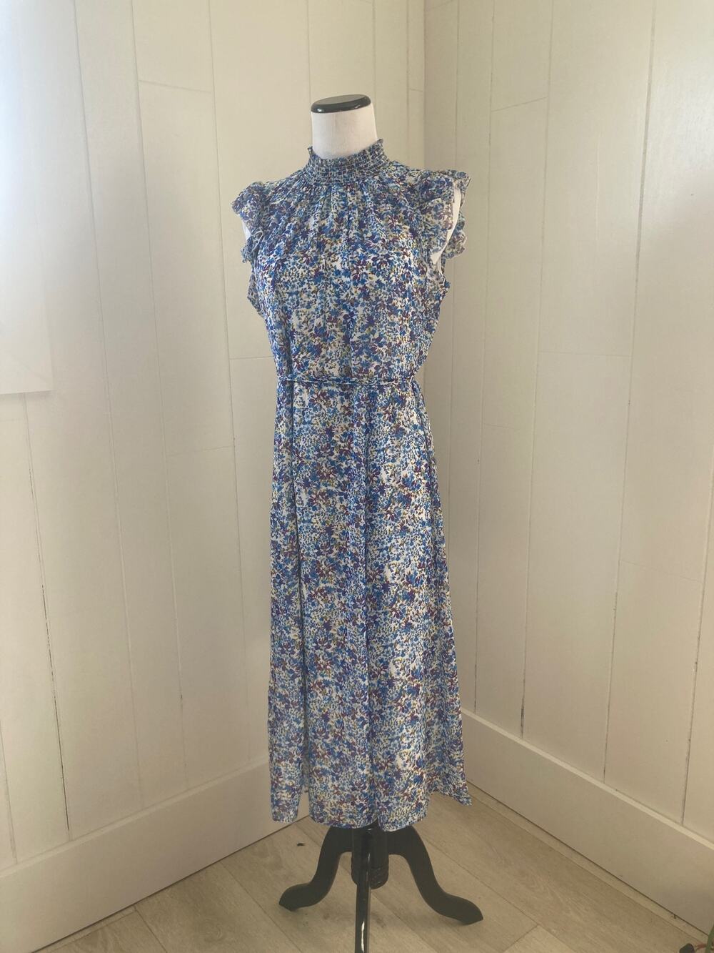Nina Leonard Blue Floral Chiffon Midi Dress, Size M